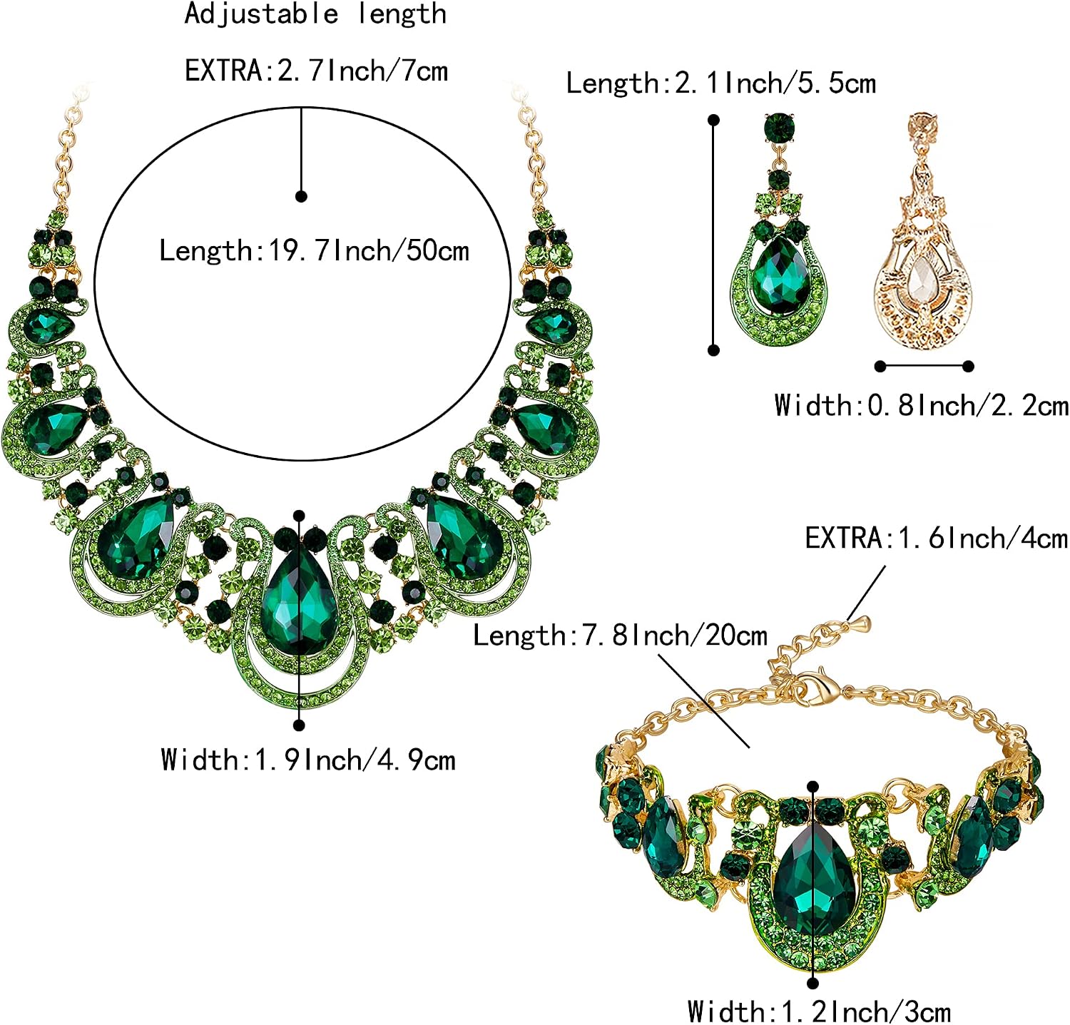 Detalle 2 de Clearine Goccia Statement Cristalli: collana, bracciale, orecchini e catena—set completo per matrimonio