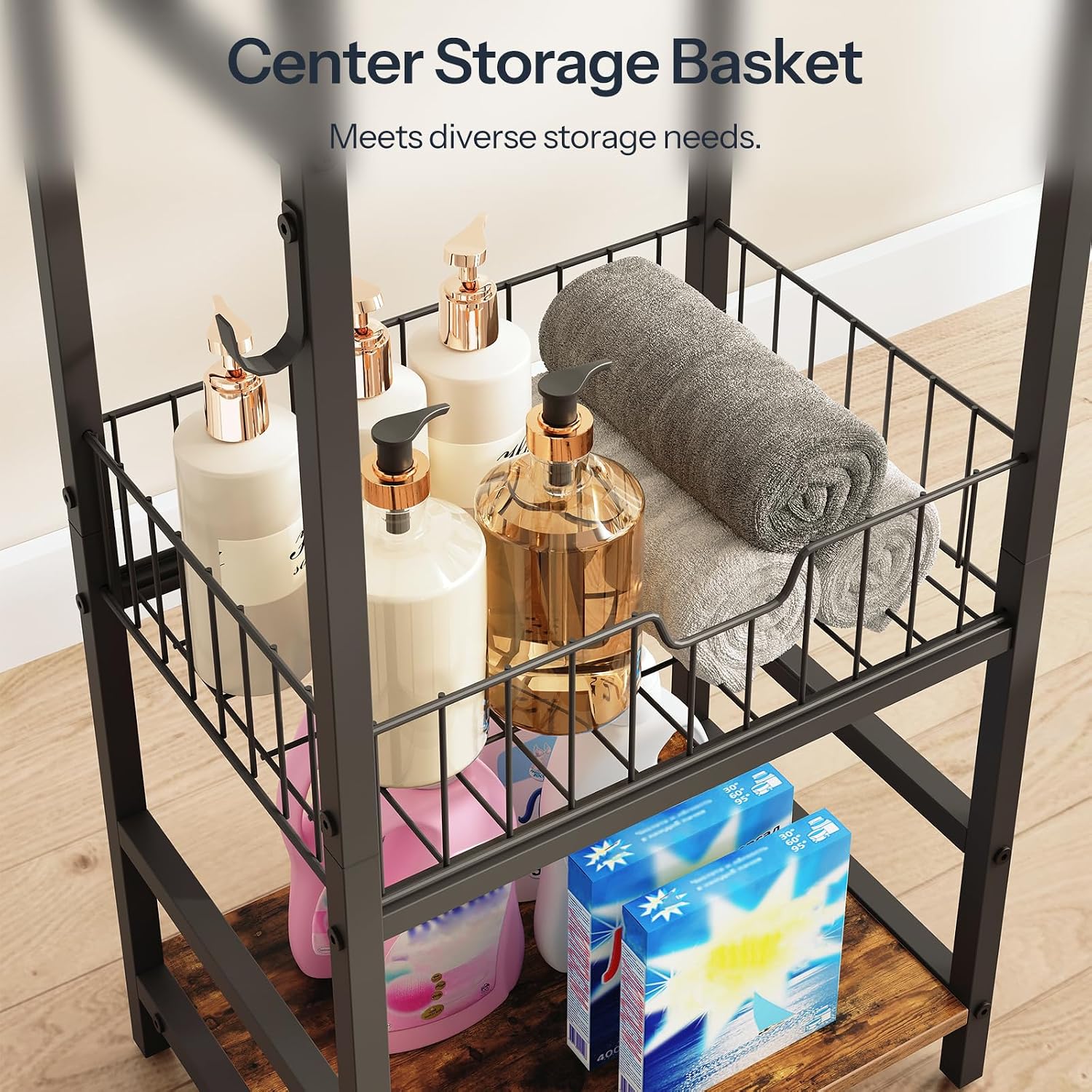 Detalle 2 de HOOBRO BF13LB01 Towel Rack – wolnostojący wieszak z koszem, półką i 3 prętami