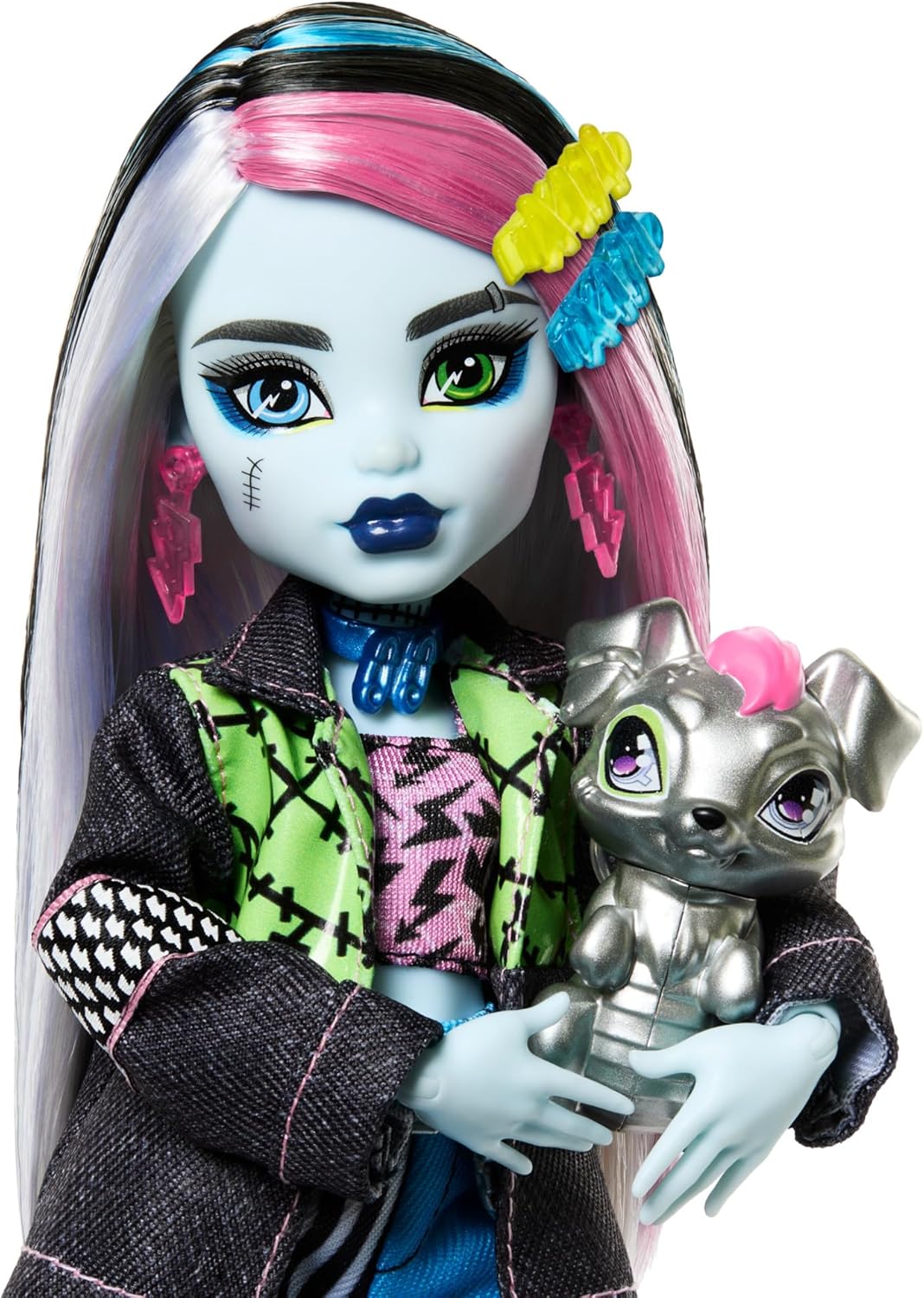 Thumbnail 2 de Monster High Frankie Stein (HXH73) bambola con giacca e shorts in denim, cagnolina Watzie e accessori