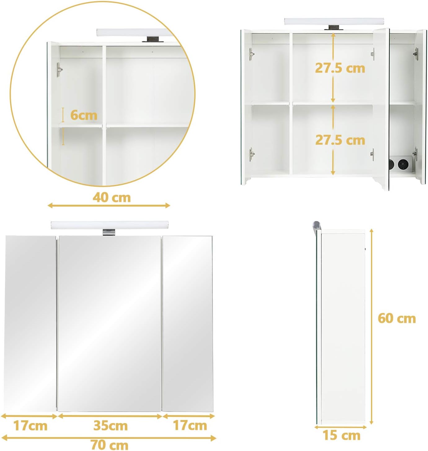 Detalle de DICTAC Armadietto Bagno con Luce e Specchio 70x60x15 cm, 3 Ante e Ripiani Regolabili, Cavo presa e illuminazione LED