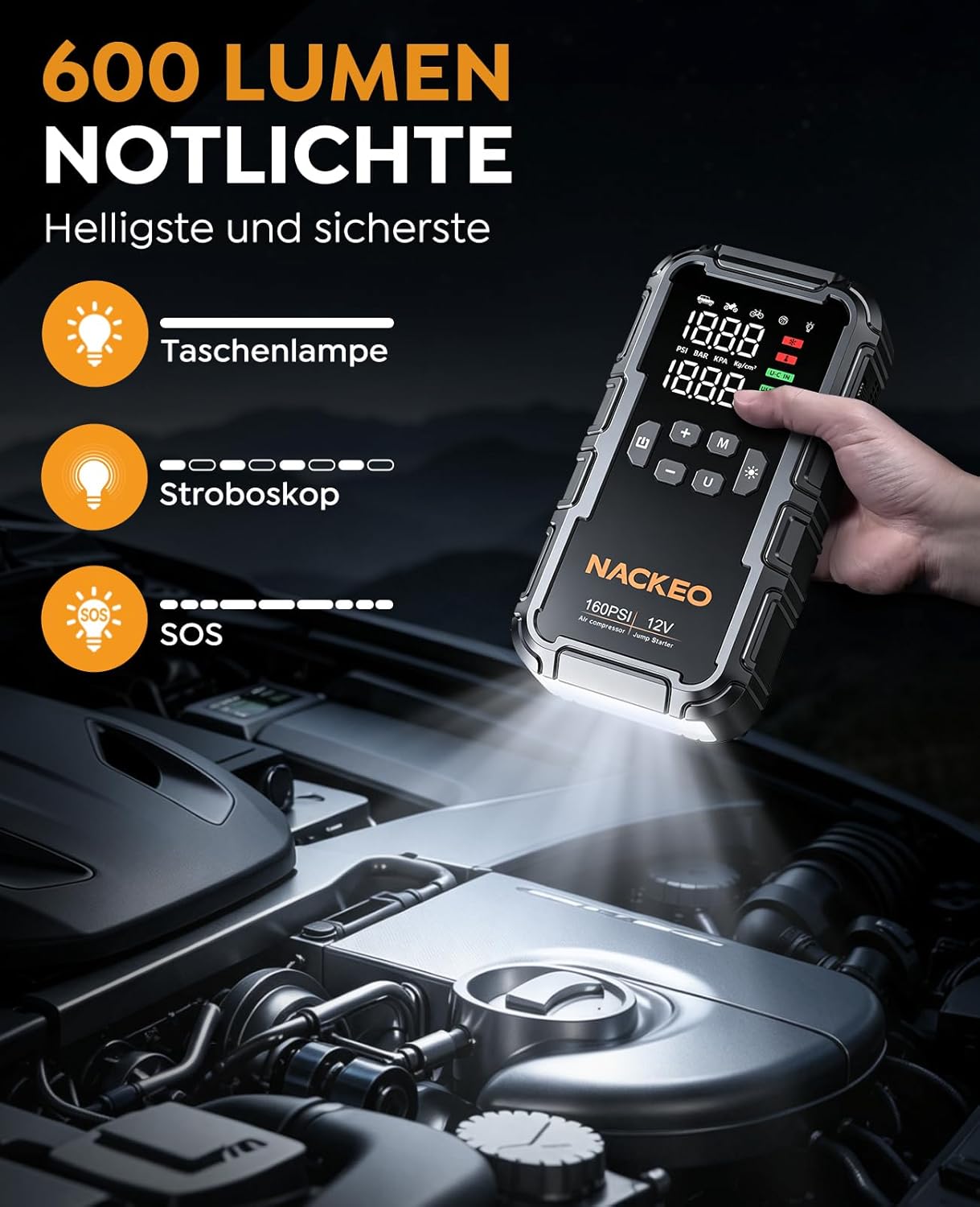 Detalle de 8000A Starthilfe Powerbank mit Kompressor – All-in-One Jump Starter inkl. 600 lm LED und 160 PSI Kompressor