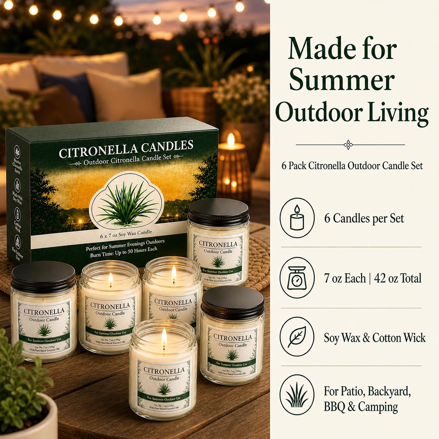 Detalle 2 de Citronella Candles Outdoor - 6 Pack Soy Wax Citronella Candles (300 Hours Total)