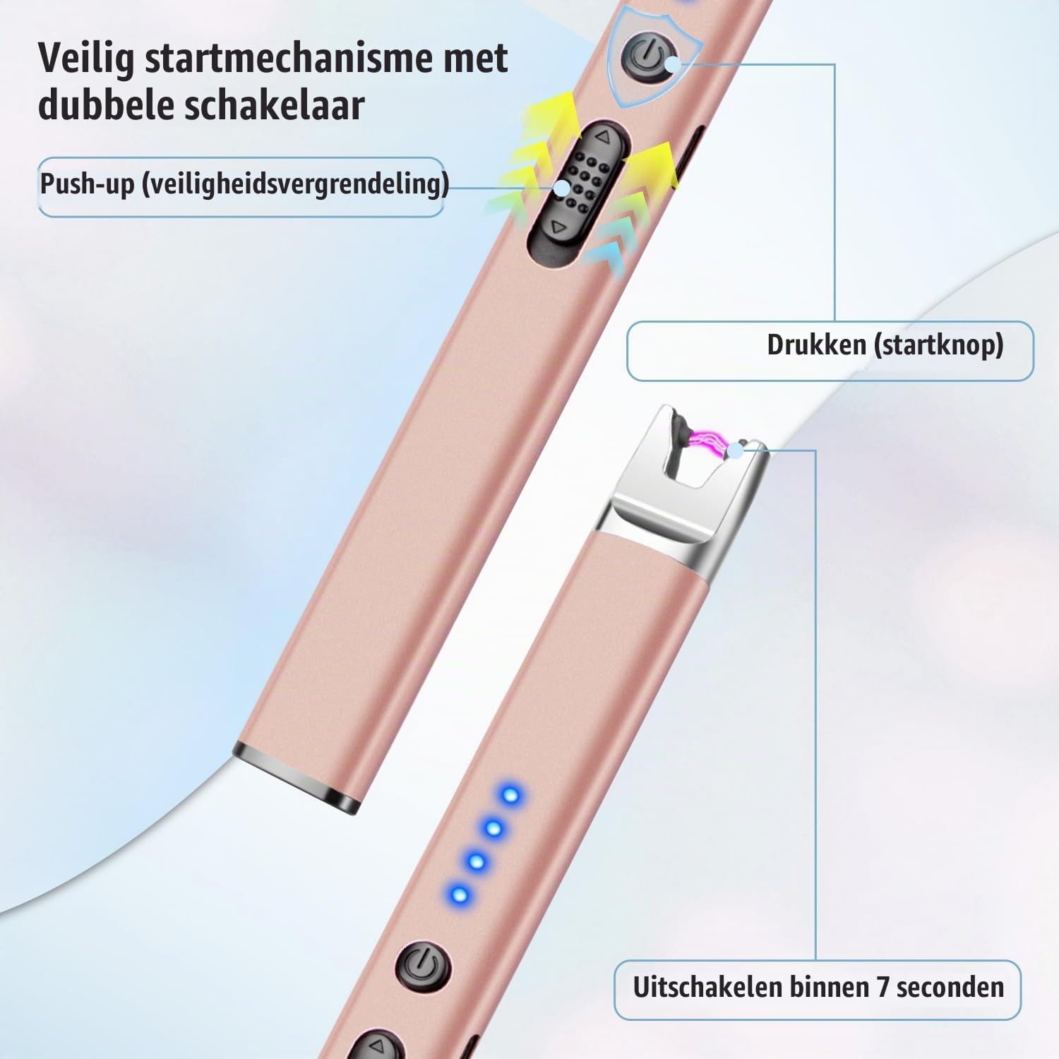 Detalle de LcFun Stick elektrische boogaansteker, goud, USB-C en veiligheidsschakelaar