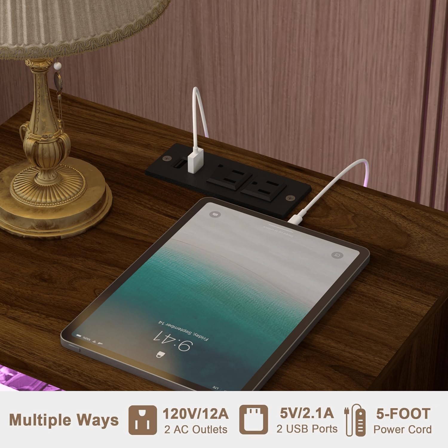 Thumbnail 4 de JOONEE Nightstand with Outlet and LED Light