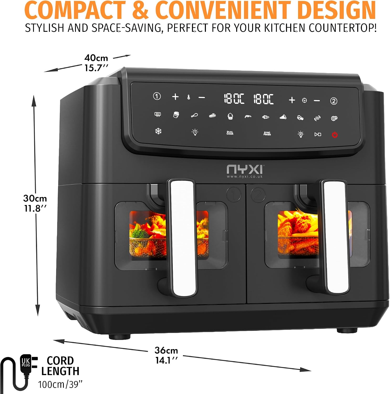 Detalle 2 de Nyxi Dual Basket Air Fryer 9L (4.5L each) with Visual Window, 13 Cooking Modes, Model 3867