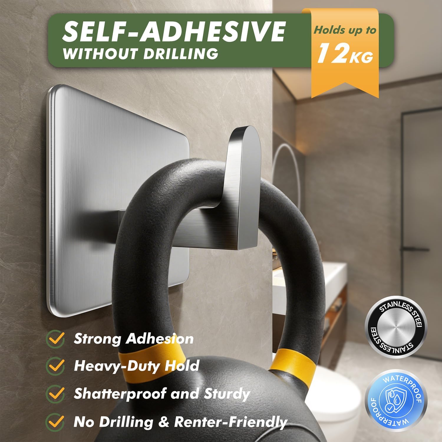 Detalle 2 de Auxmir 6 Pack Self-Adhesive Hooks: Heavy-Duty Stainless Steel with 12kg Load