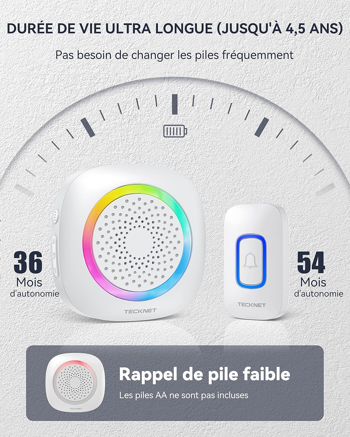 Thumbnail 4 de TECKNET Sonnette sans Fil à Piles IP66 – Portée 400 m, RVB et 60 mélodies, récepteur amovible