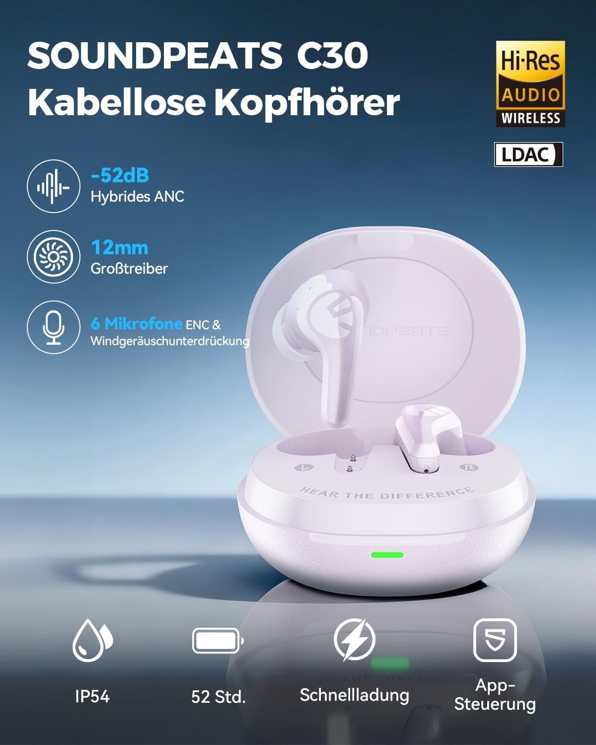 Detalle 2 de SoundPEATS C30 Noise Cancelling Kopfhörer: Hi-Res LDAC, 52 Std Akku, 6 Mikrofone, 52 dB ANC