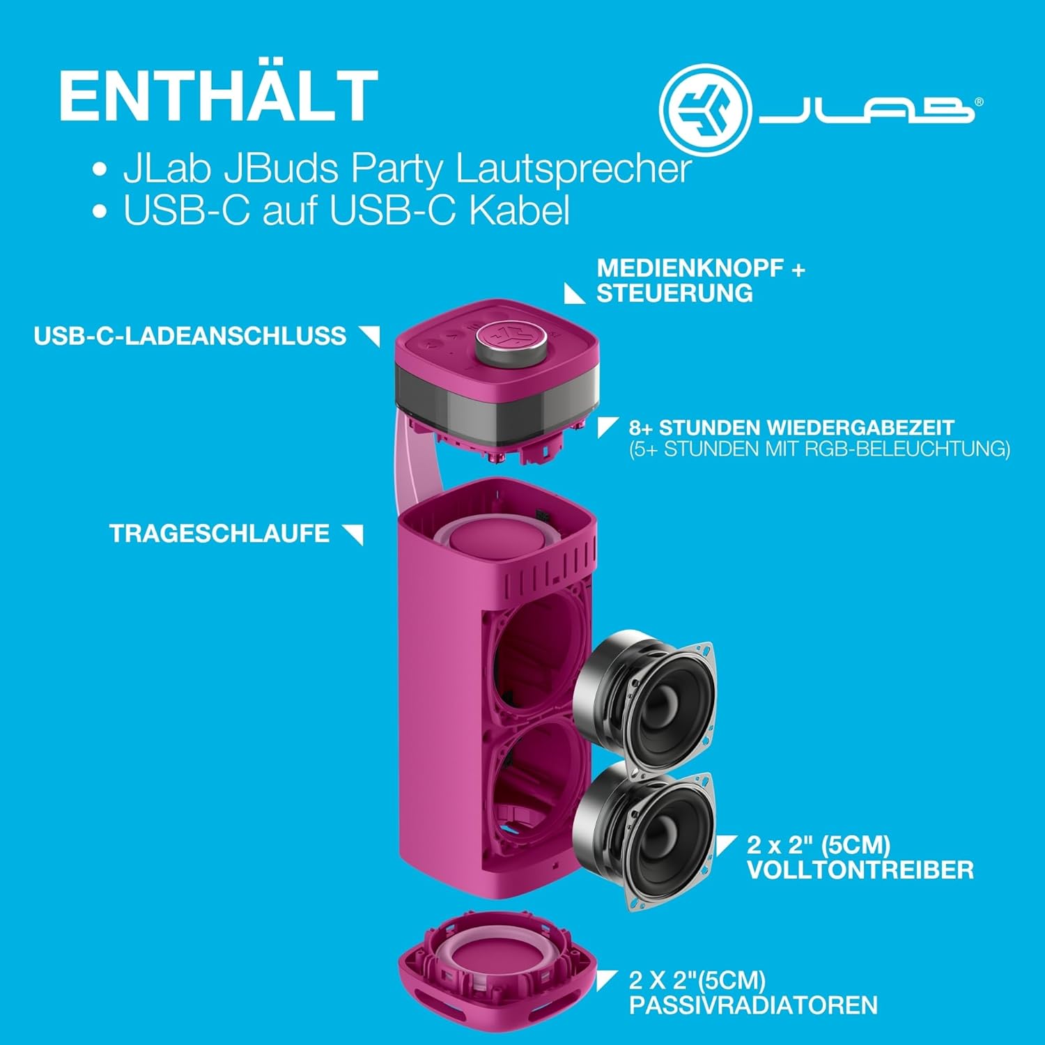 Thumbnail 6 de JLab JBuds Party: Tragbarer Bluetooth-Lautsprecher mit 30 W, RGB-Licht, IP56 und 12+ Stunden Laufzeit