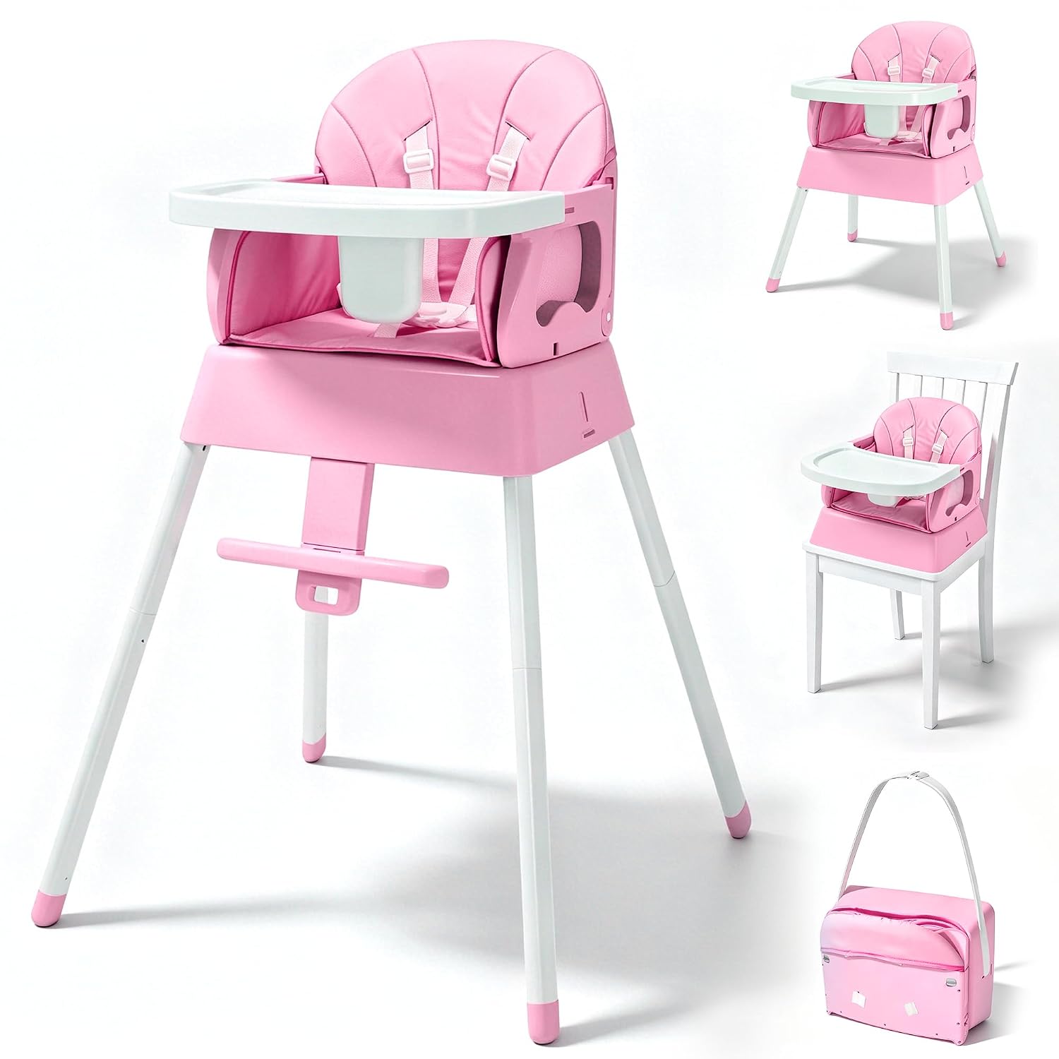 BABHAMNESS 5-in-1 Foldable Baby High Chair with 5-Point Harness, Pink