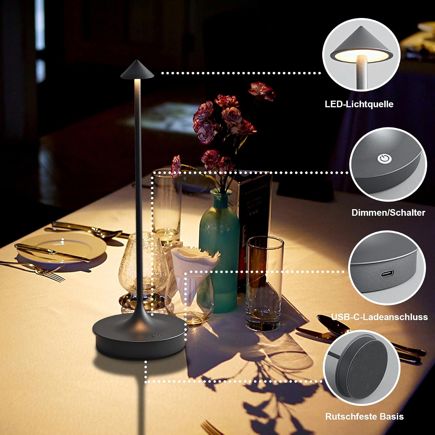 Detalle de Leomix LED Tischlampe kabellos – 2er Set, 4000 mAh, IP54, Touch & stufenlose Dimmbarkeit