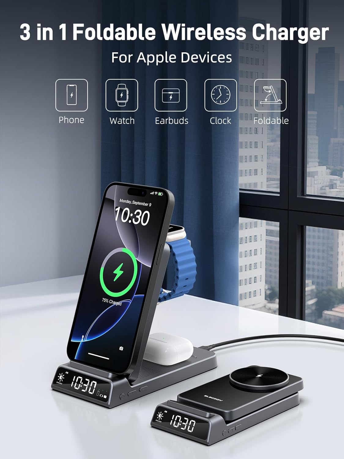 Thumbnail 2 de Elecdov Station de charge magnétique sans fil 3 en 1 avec horloge (pliante, compatible Apple) — Chargeur iPhone, Apple Watch et iWatch 10