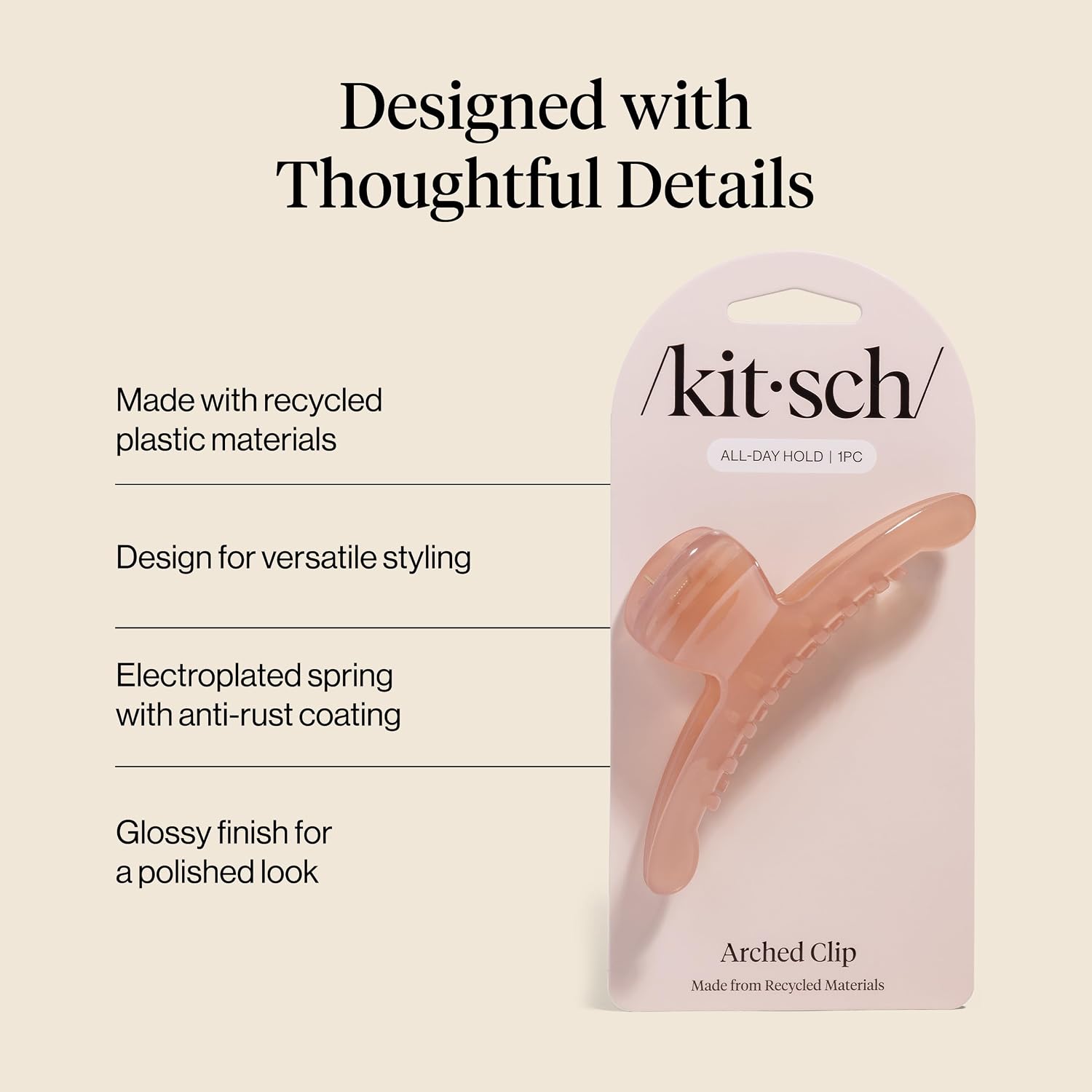 Detalle de Kitsch Large Arched Hair Clip, Soft Pink Recycled Plastic, Glossy Finish