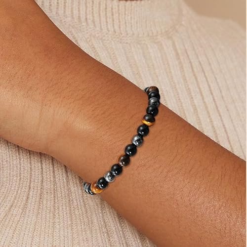 Detalle 2 de ESPVO Schwarzer Turmalin Tigerauge Hämatit Armband – Naturstein Perlen, 18,5 cm