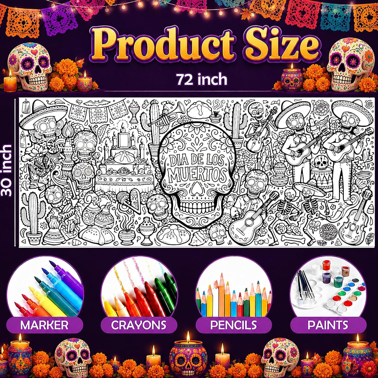 Detalle 2 de OHOME Dia de los Muertos Giant Coloring Poster, 30 x 72-Inch Paper Banner