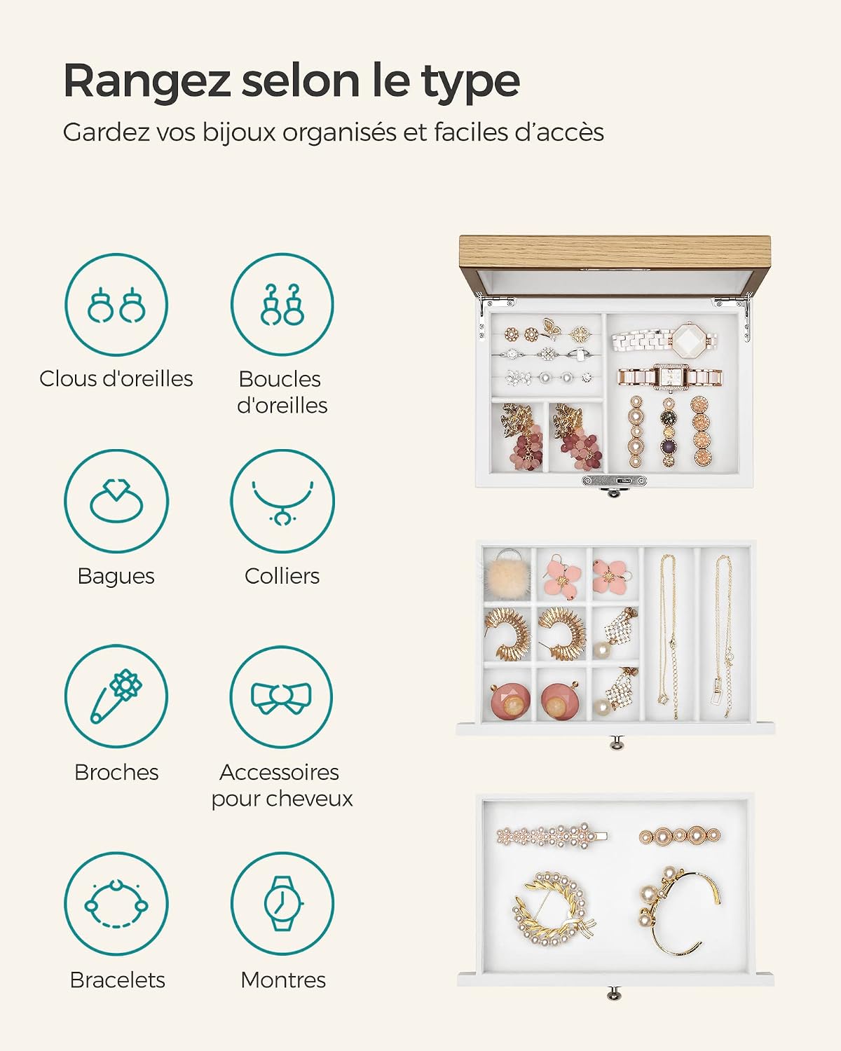 Thumbnail 2 de Songmics Boîte à Bijoux 3 Niveaux – Coffret en bois d'ingénierie avec miroir et Tiroirs (JOW15WN)