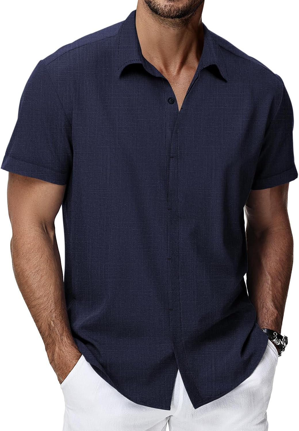 Detalle de HMIYA Herren Hemd aus Baumwolle – Sommer-Freizeithemd, Regular Fit, Kurzarm