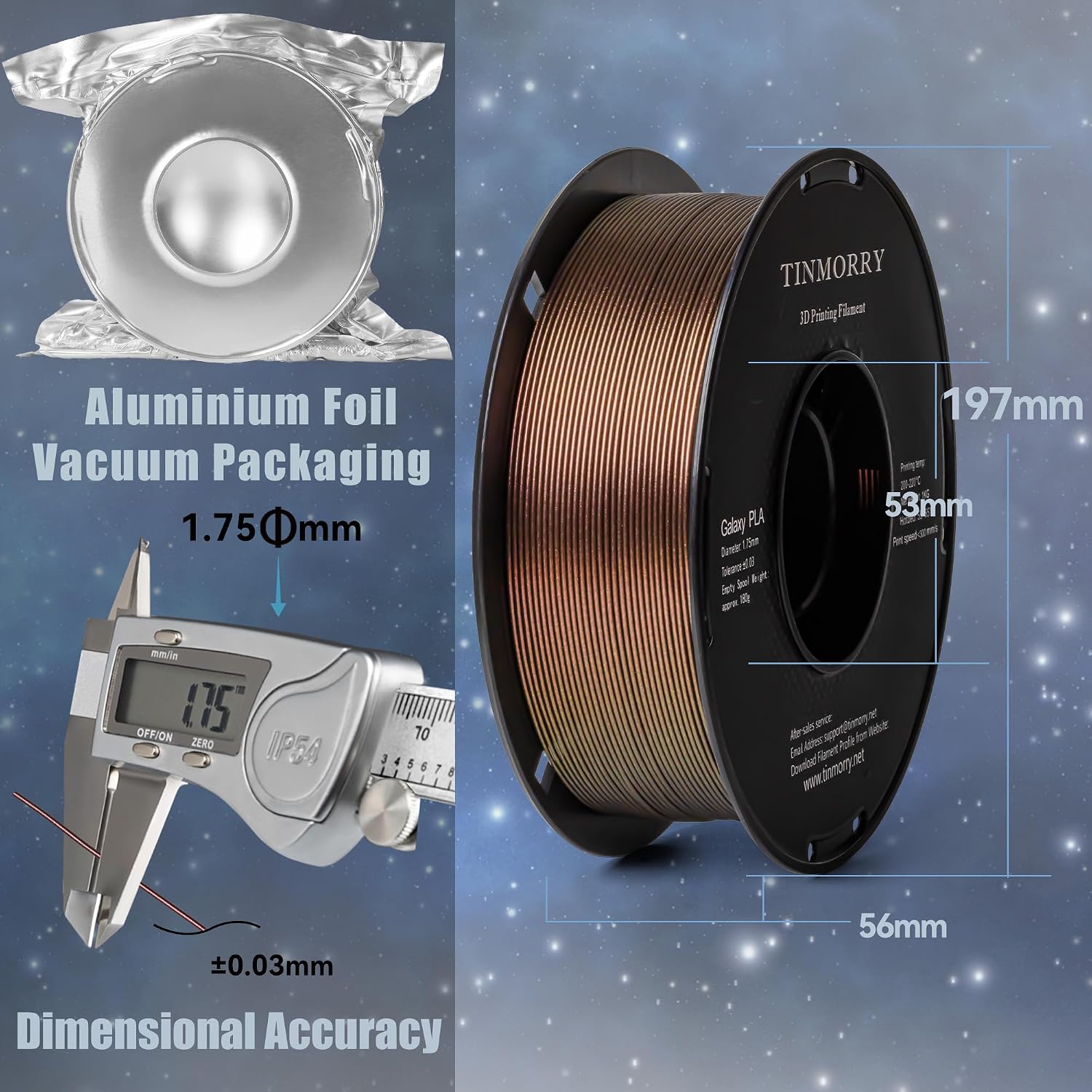 Detalle 2 de TINMORRY PLA Filament Galaxy 1,75 mm – 1 kg Spule, Braun mit Galaxy-Effekt, kompatibel mit Bambu FDM Druckern