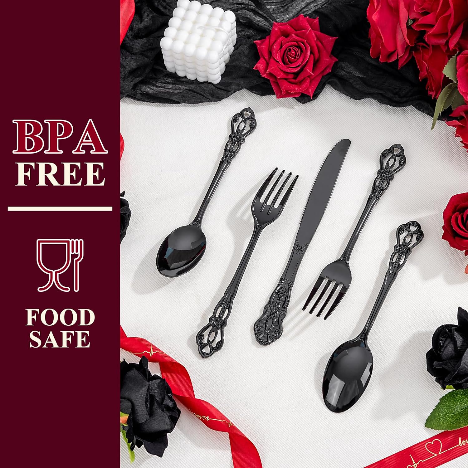 Detalle 2 de Joyido 150PCS Black Plastic Silverware – Heavy Duty Disposable Cutlery Set for Catering
