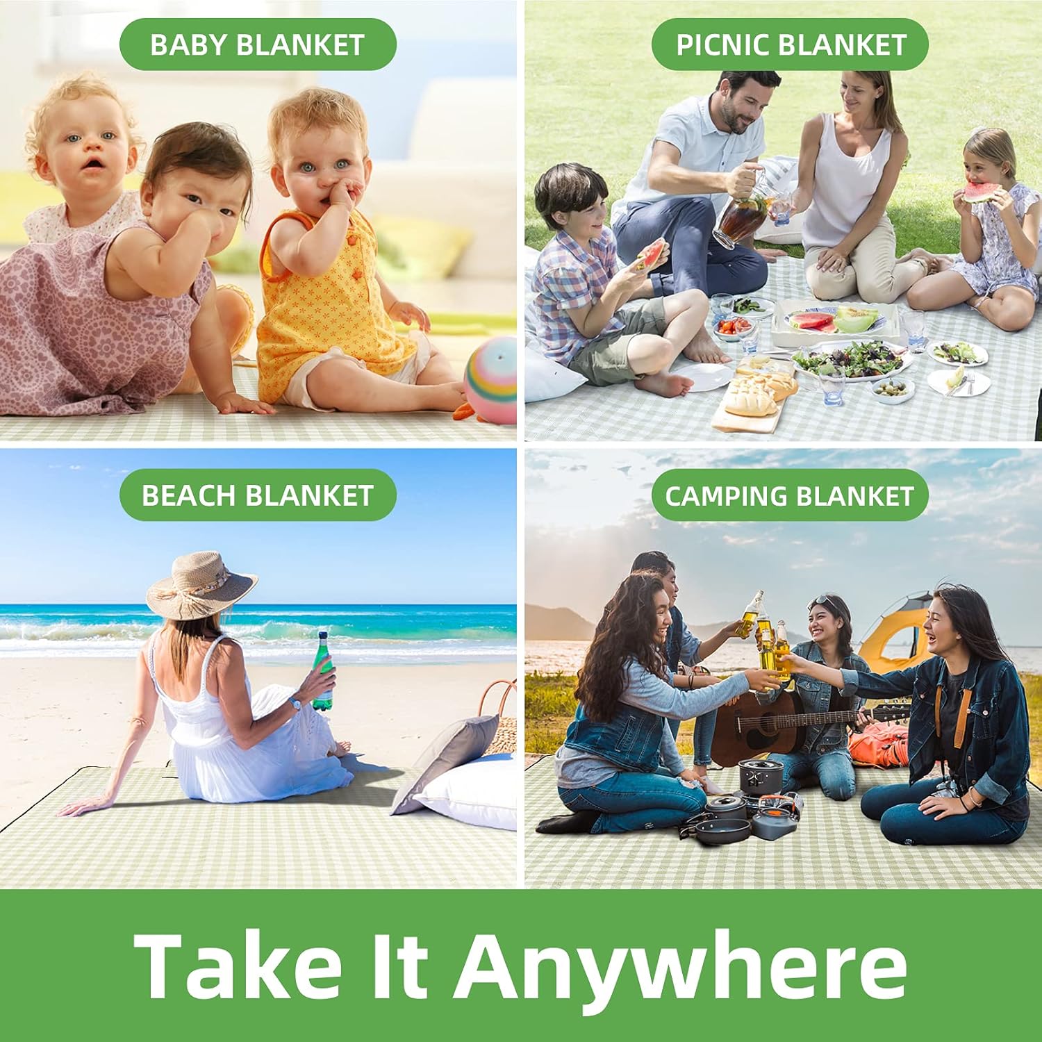 Thumbnail 6 de ZAZE Extra Large Picnic Outdoor Blanket (80''x80'') Waterproof Gingham Foldable Mat