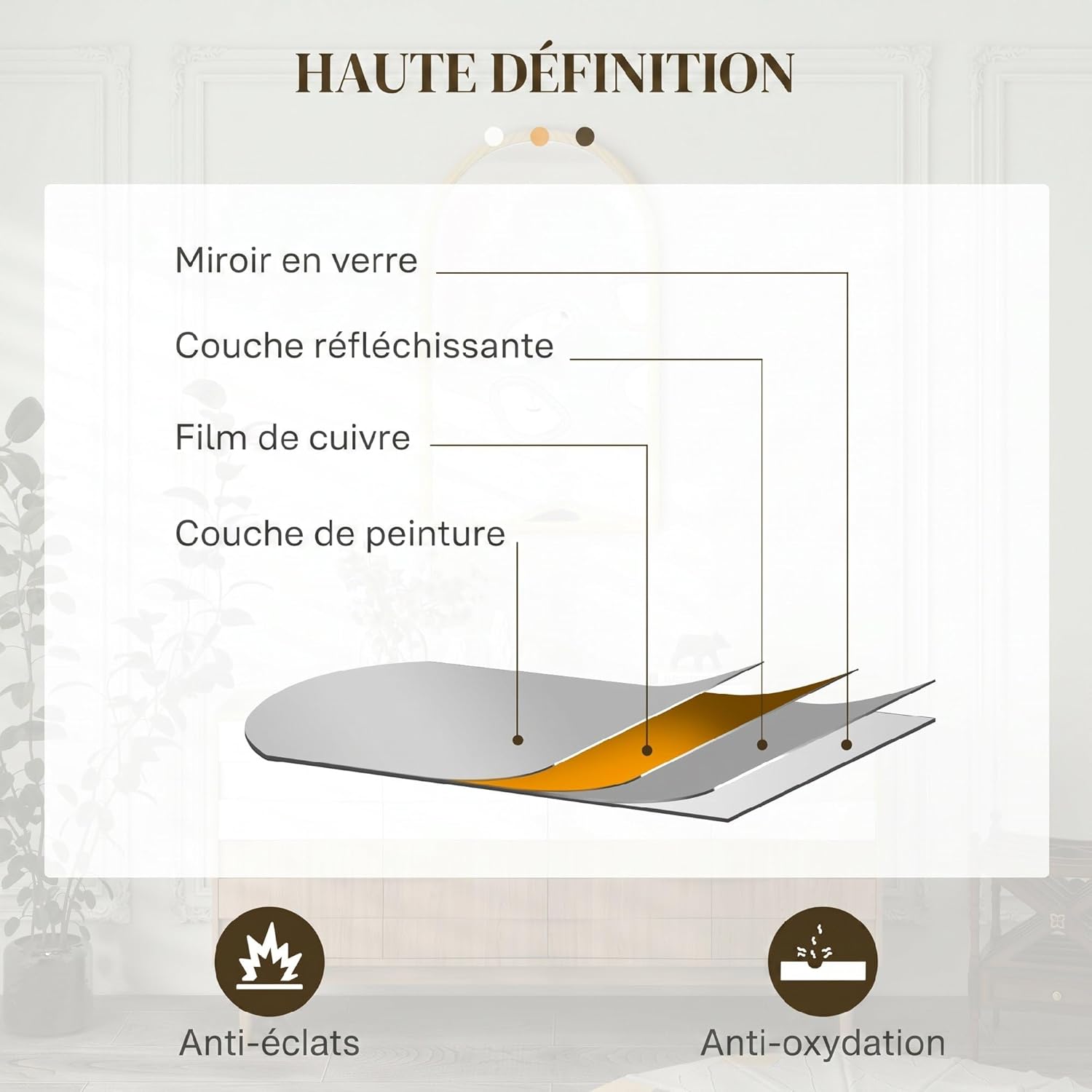Detalle de HOMCOM Miroir Mural Arche 110 x 65 cm – Cadre en BoisNaturel