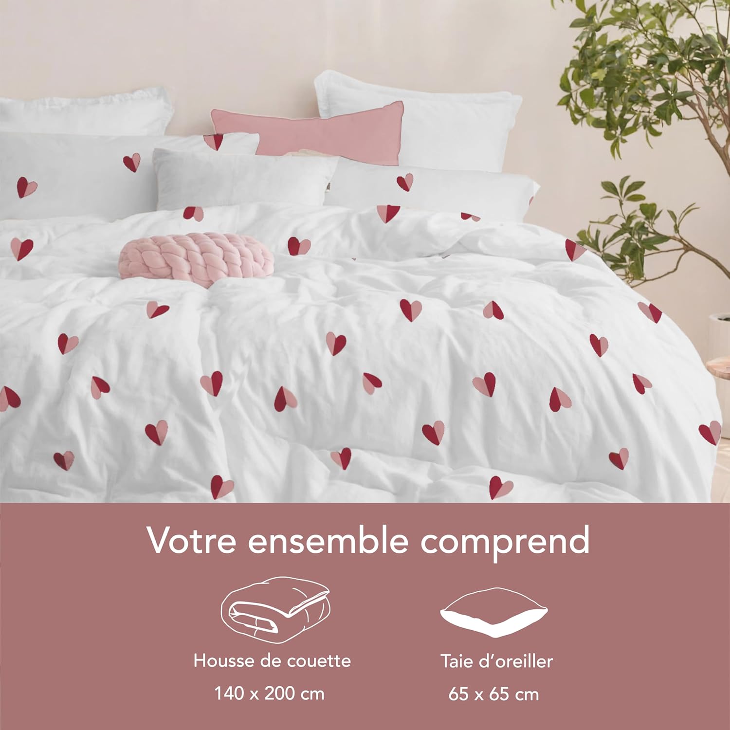 Thumbnail 4 de Dreamzie Housse de Couette 140x200 cm avec taie d'oreiller 65x65 cm – Motif Cœur Rouge/Rose