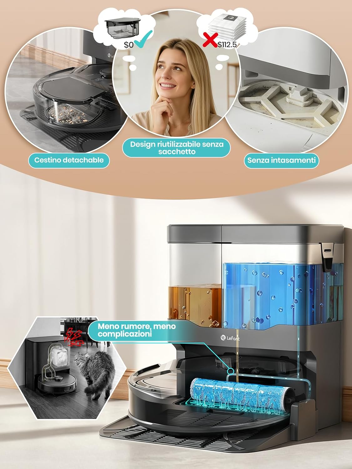 Detalle de Lefant M210PRO OMNI: Robot Aspirapolvere e Lavapavimenti con Mappatura Laser dToF e Autopulizia del Rullo