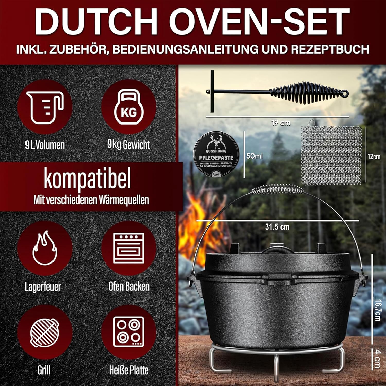 Detalle de GUSSKÖNIG Essential Line Dutch Oven Set 7,5 L – sofort einsatzbereit inkl. Zubehör (3–6 Personen)