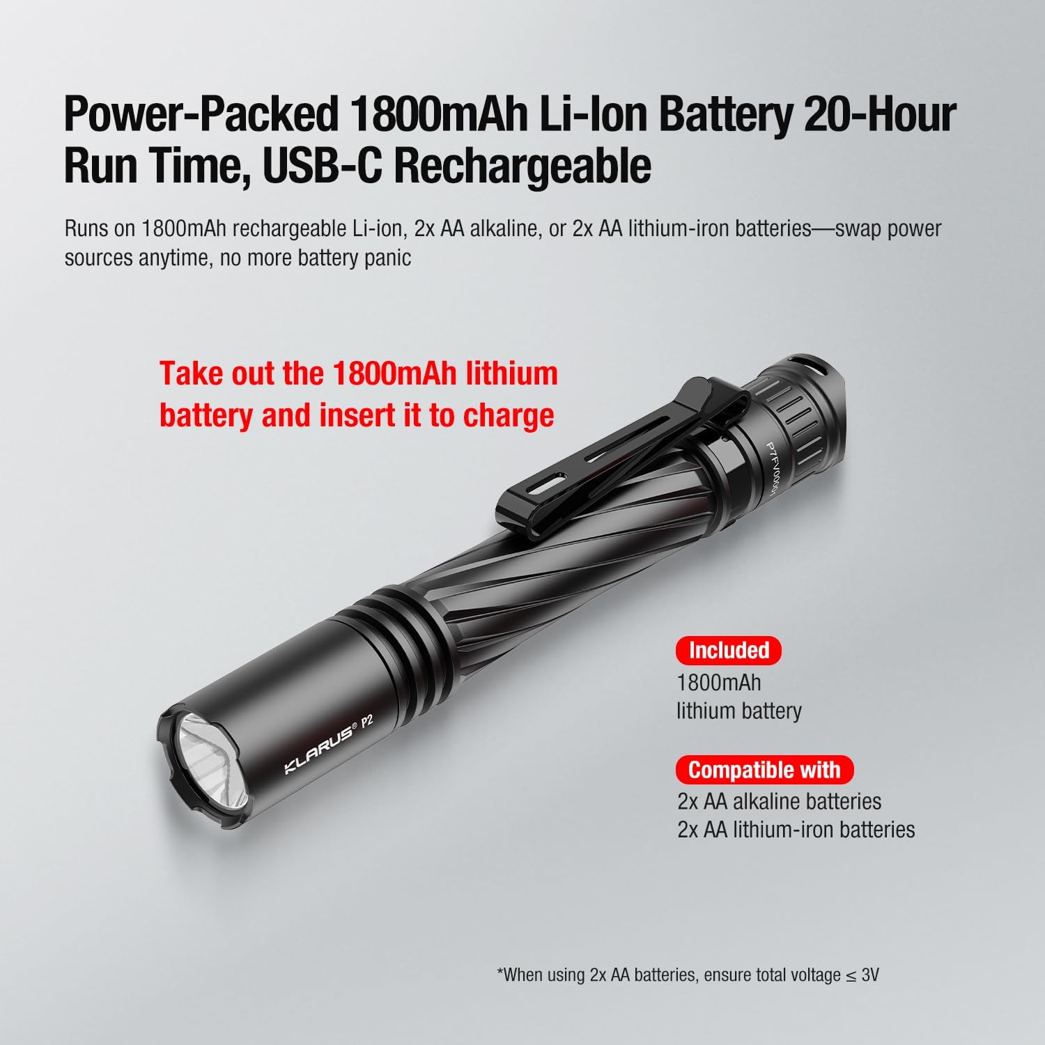 Detalle de Klarus P2 lampe stylo EDC 1 000 lumens, portée 270 m, IPX8 (USB-C recharge ou piles AA)