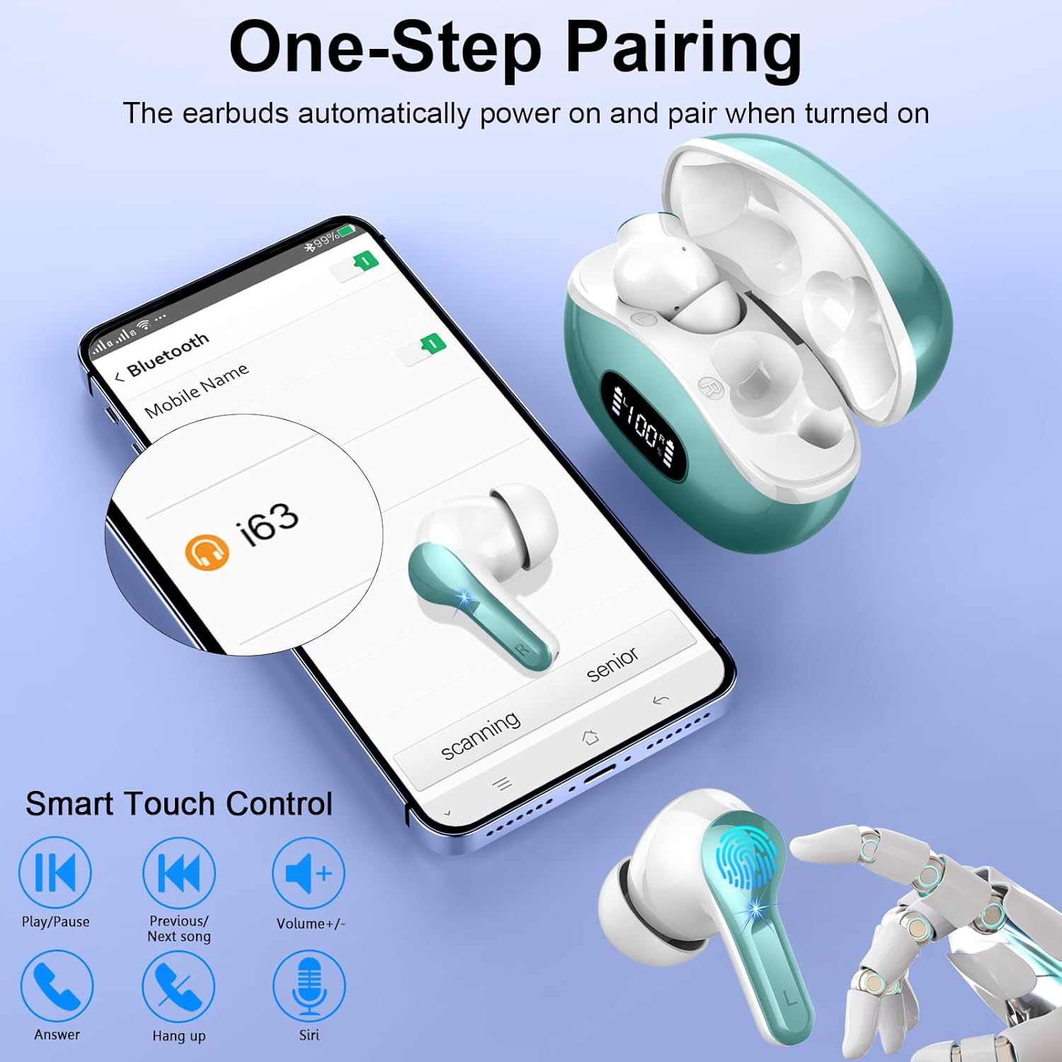 Thumbnail 6 de Ordtop Cuffie Bluetooth True Wireless con Bluetooth 5.3, 4 micro e cancellazione rumore