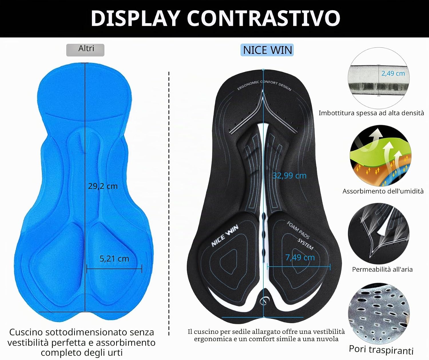 Detalle de NICEWIN pantaloncini da ciclismo e motociclismo da uomo con imbottitura 3D e asciugatura rapida