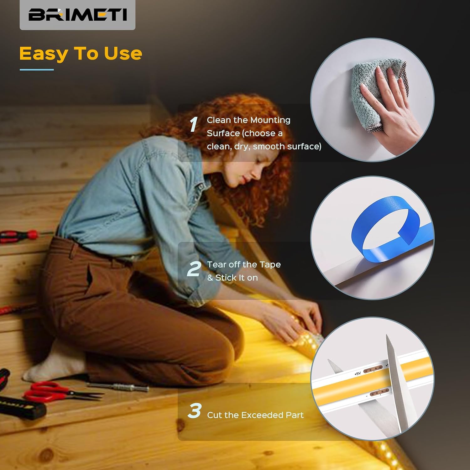 Detalle 1 de BRIMETI 4N-D998-Battery-L-1M-3pc COB-ledstrip 3 x 1 m, wit 6000 K