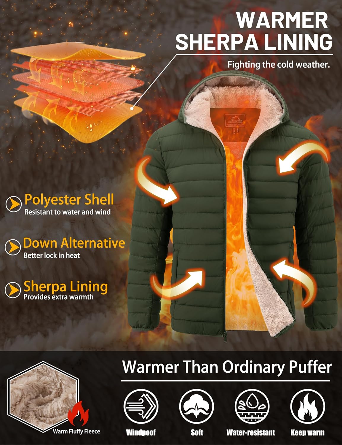 Detalle 2 de TACVASEN Men's Hooded Sherpa-Lined Puffer Jacket, Water-Resistant Polyester