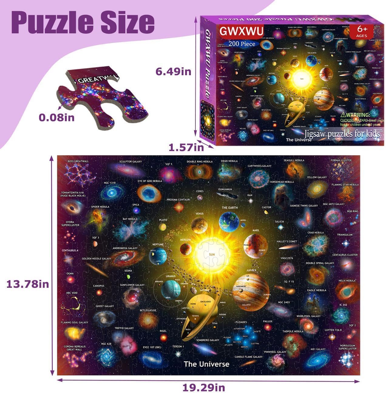 Detalle de GWXWU GW007 200-Piece Solar System Jigsaw Puzzle for Kids, Cardboard