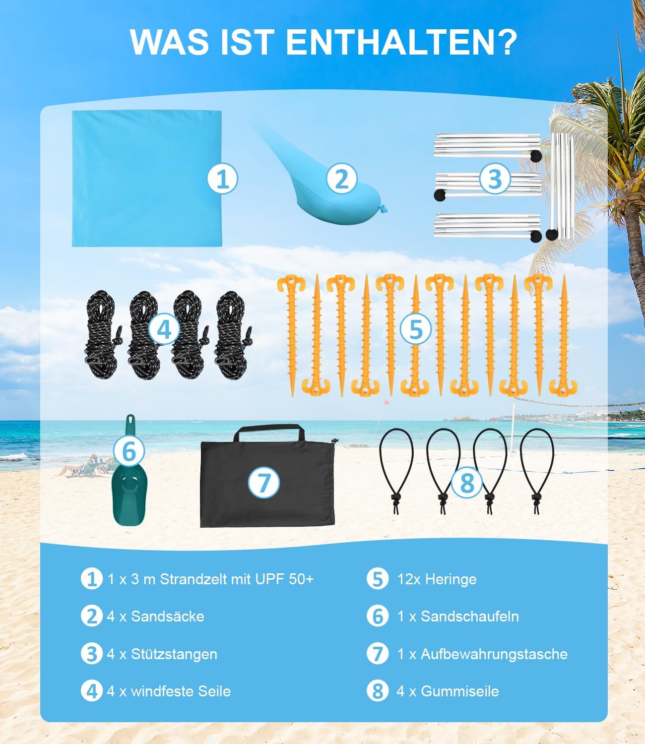 Detalle de MAXVINI UPF50+ Strandzelt 3 m x 3 m – Schatten, Stabilität und Vielseitigkeit für Strand, Camping und Garten