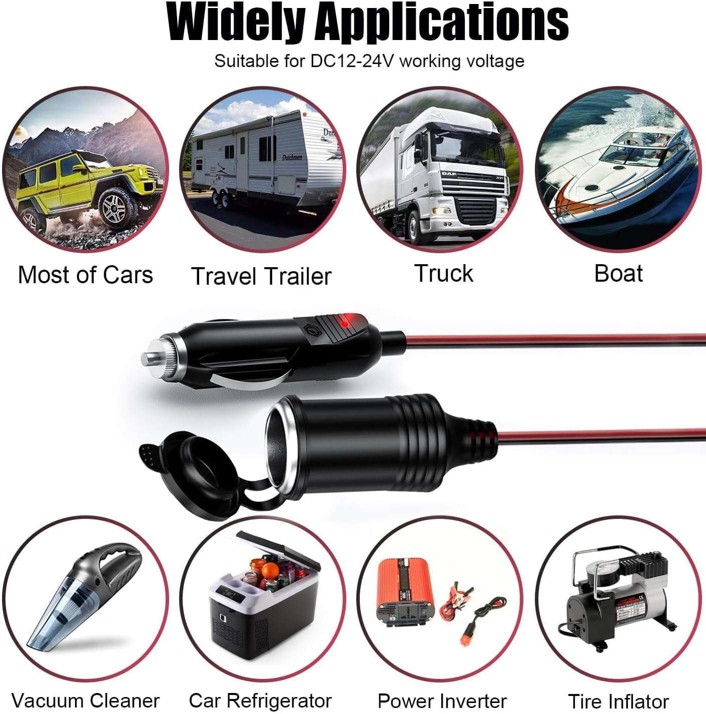 Thumbnail 5 de 12V/24V 16AWG Heavy Duty Cigarette Lighter Extension Cable – 20ft with LED and Built-in 20A Fuse