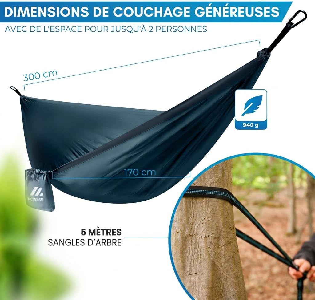 Detalle de NORDMUT Hamac Ultra Léger Outdoor avec kit de fixation – 170 x 300 cm, capacité 300 kg, bleu