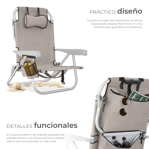 Thumbnail 3 de tectake Silla Playa Plegable con Respaldo Ajustable y Función Mochila – 2 Unidades Beige