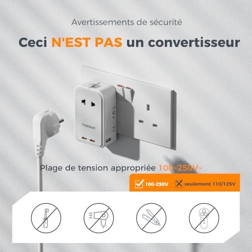 Detalle 2 de TESSAN Adaptateur Prise Universelle PD 45W – Charge rapide 2 USB-C et 4 fiches internationales