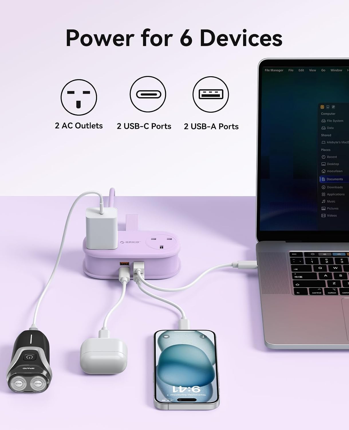 Detalle de ORICO 65W GaN Travel Extension Lead with USB Slots (2 USB-A/2 USB-C) – Purple
