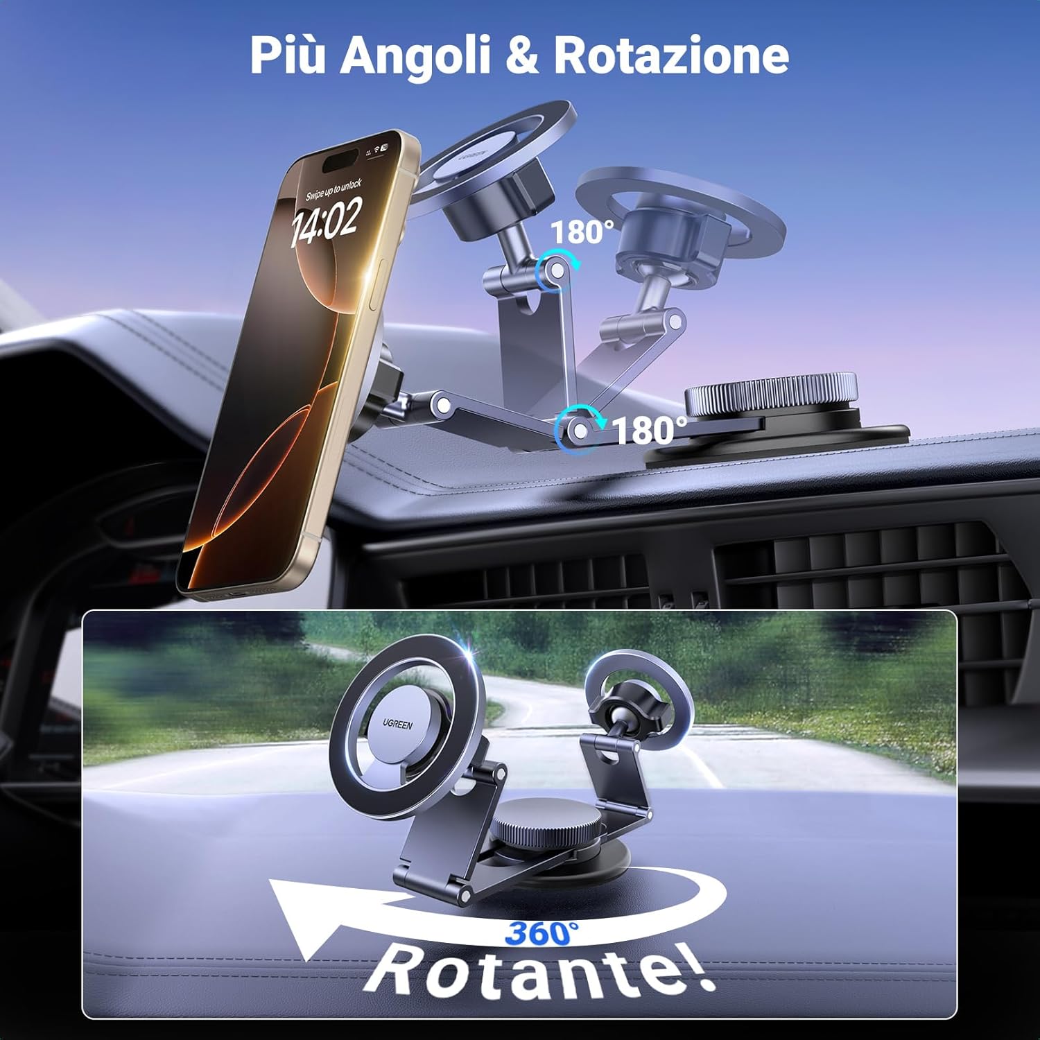 Thumbnail 3 de UGREEN Supporto Telefono Auto MagSafe per Cruscotto: pianta robusta, rotazione 360° e design retrattile in lega di alluminio