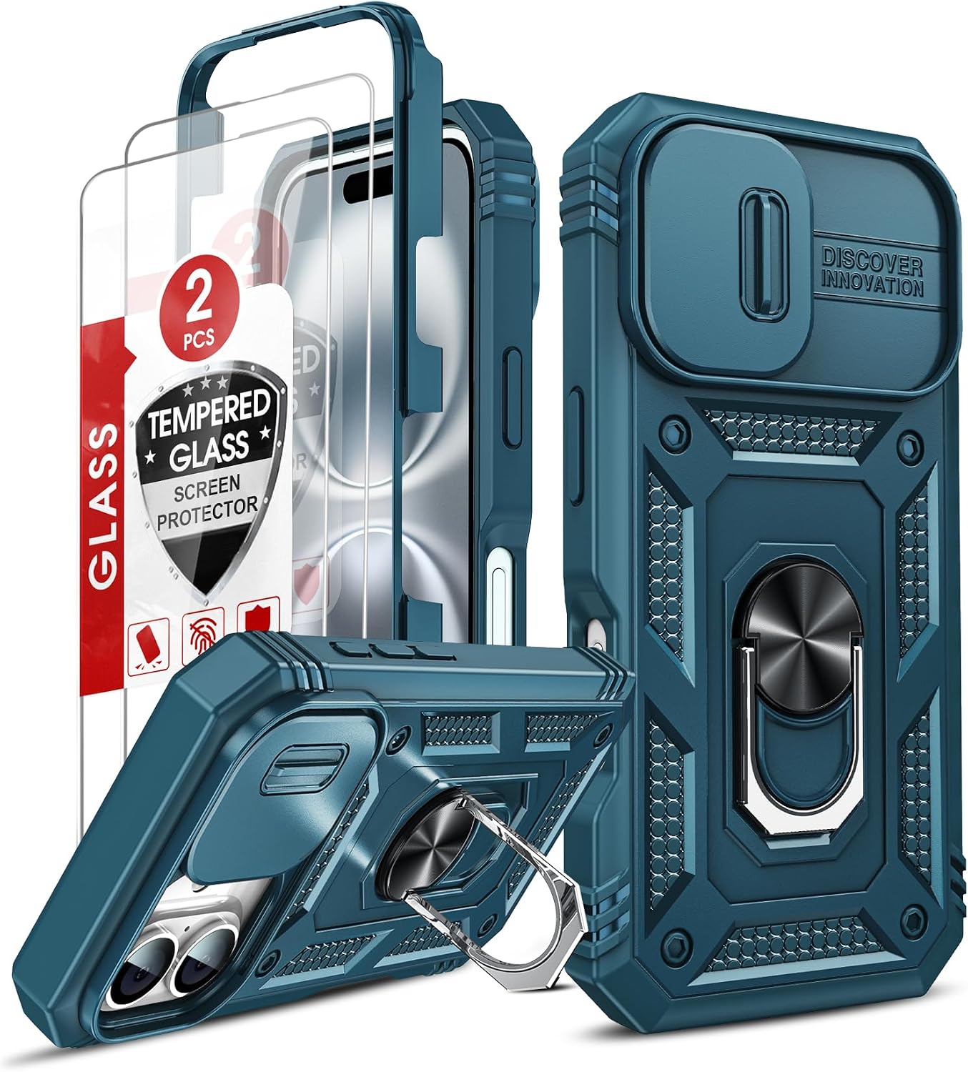 Detalle de LeYi iPhone 16 case with sliding camera cover, ring stand & 2-pack tempered glass (blue) – shockproof protection