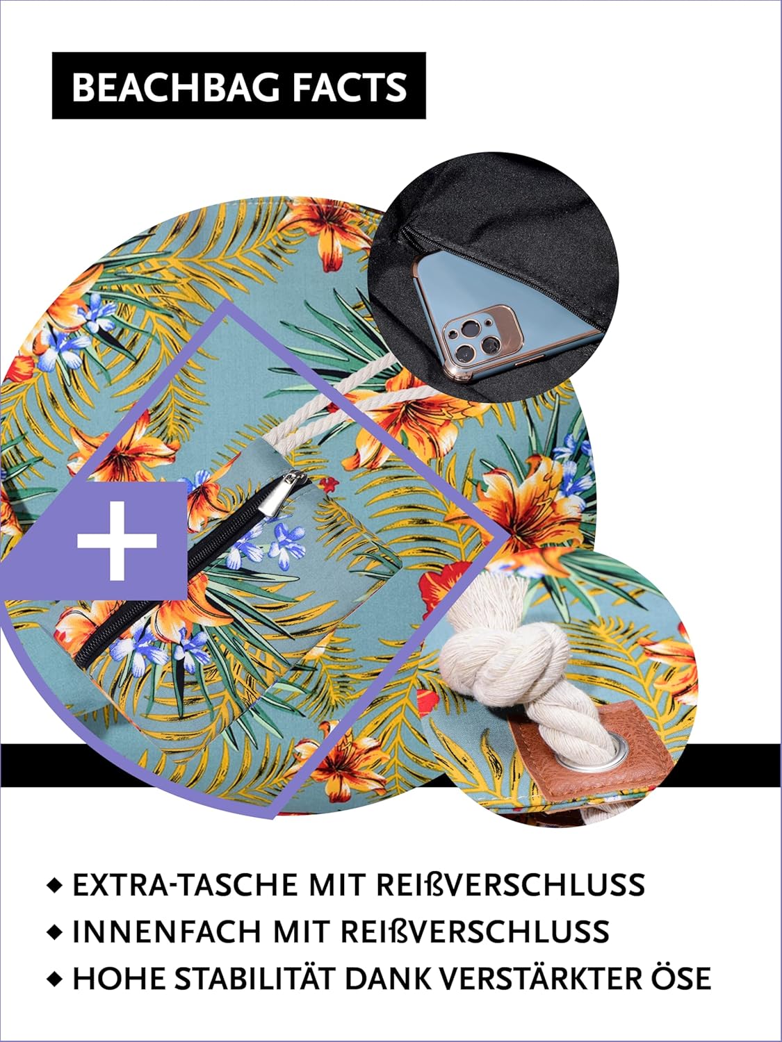 Thumbnail 2 de DonDon Strandtasche XXL mit Reißverschluss – Robuste Umhängetasche im Beach Look, inklusive Mini-Tasche