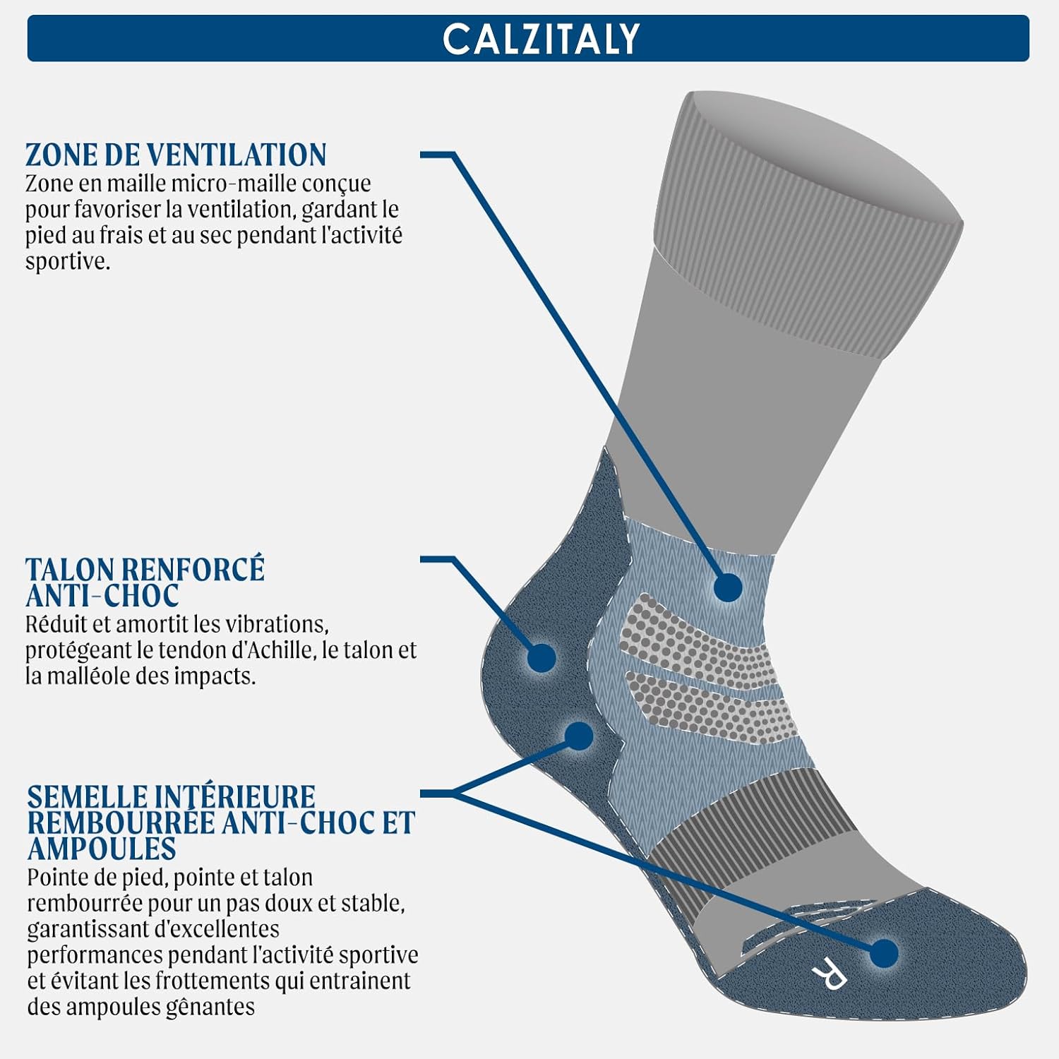 Detalle de CALZITALY PACK 1 2 3 PAIRES – Chaussettes de Trekking en laine mérinos, antiampoules, pour ski et randonnée