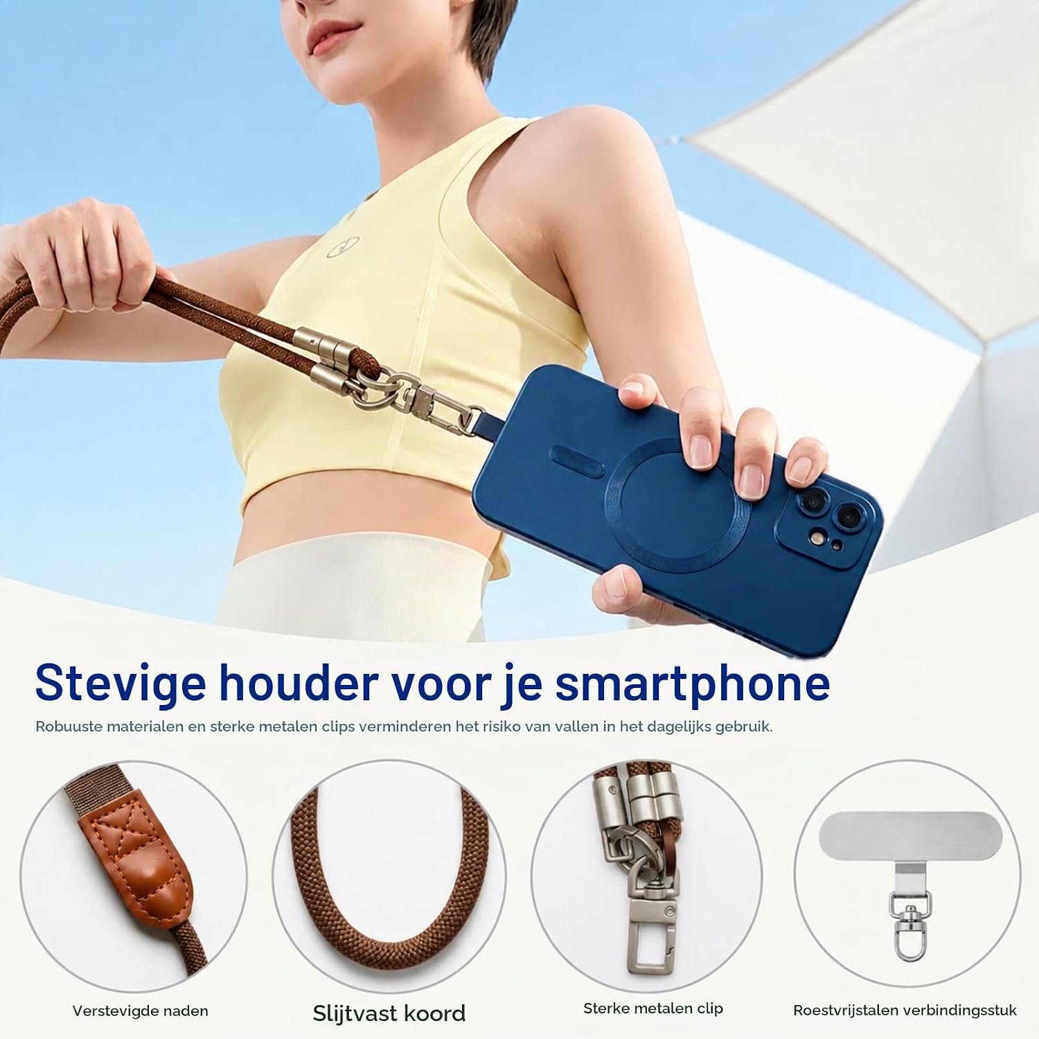 Detalle de OstayOne verstelbaar telefoonkoord met 2 universele patches