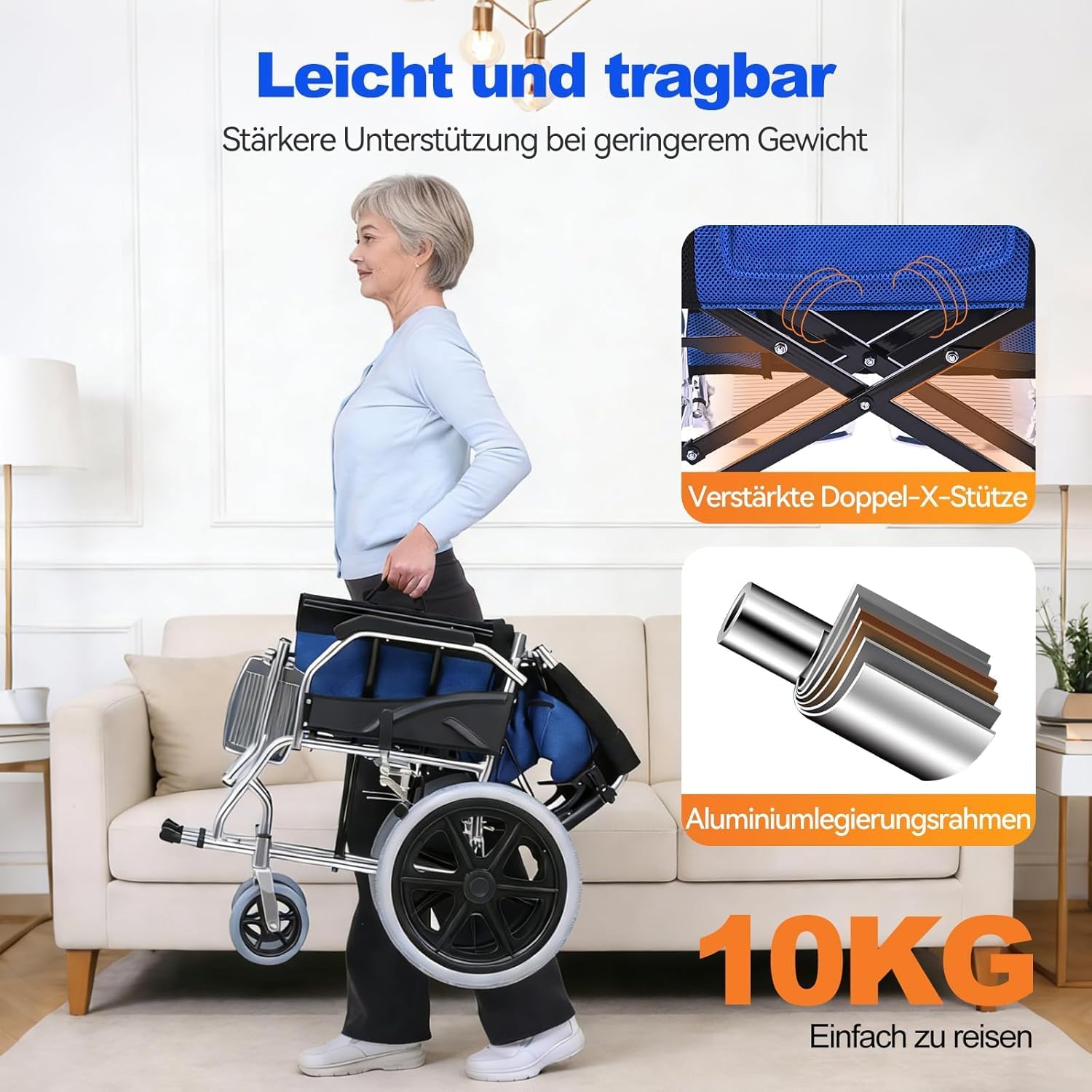 Detalle de ByteTecpeak M3 Ultraleicht Rollstuhl – faltbar, 10 kg, Sitzbreite 45 cm, blau