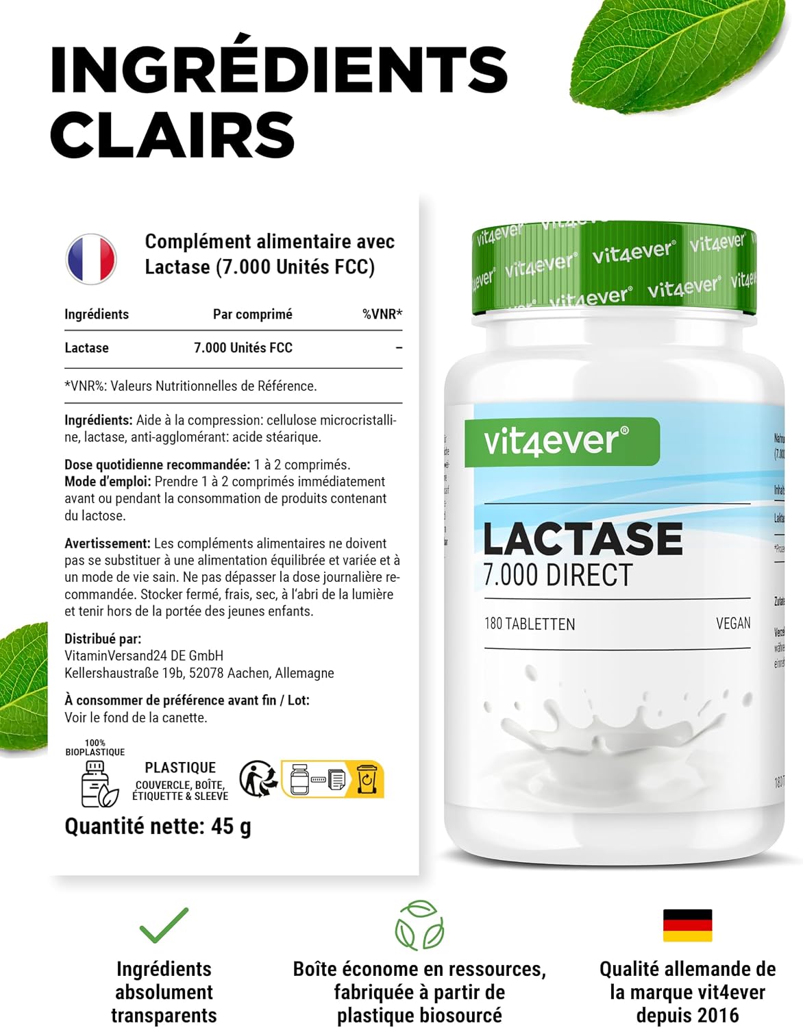 Detalle de Vit4ever Lactase 7.000 (180 comprimés) à effet immédiat, vegan