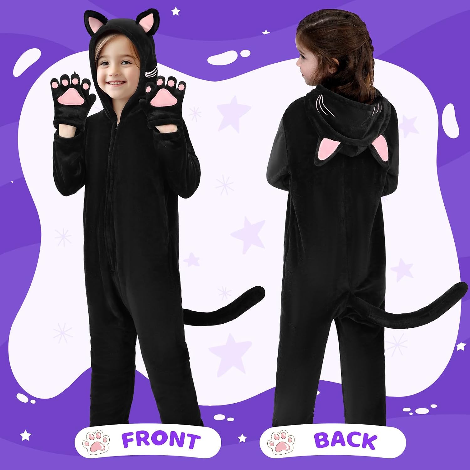 Detalle 2 de GiftInTheBox Black Cat Costume for Kids, Polyester Hooded Onesie with Tail and Gloves