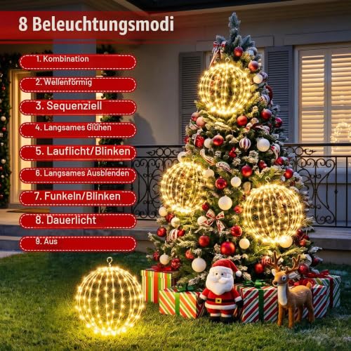 Detalle de iBaycon Weihnachtsbeleuchtung als Kugel, 2 Stück, 30 cm, warmweiß mit 8 Modi