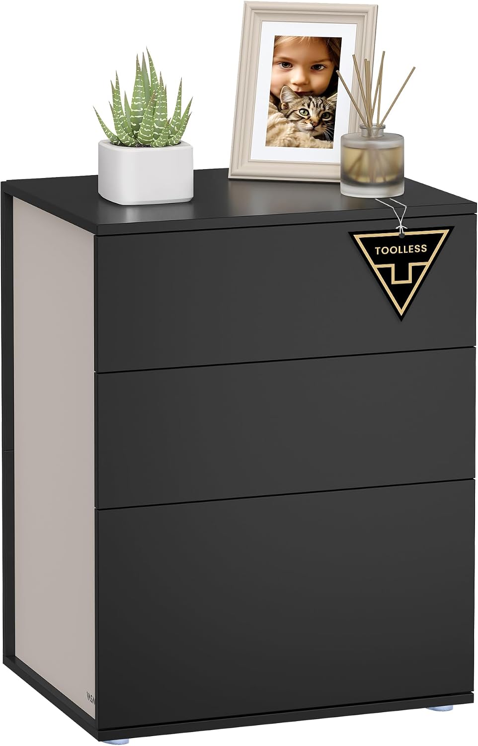Detalle de VASAGLE LET778B01 bedside table, 3 drawers and tool-free assembly